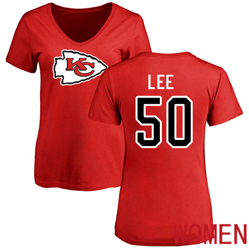 Women Kansas City Chiefs #50 Lee Darron Red Name and Number Logo Slim Fit NFL T Shirt->women nfl jersey->Women Jersey